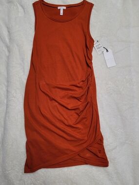 Leith Rust Orange Sleeveless Ruched Midi Dress